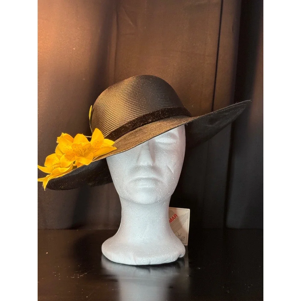 Vintage Betmar New York Black Wide Brim Sun Hat Yellow Floral Velvet Ribbon NWT